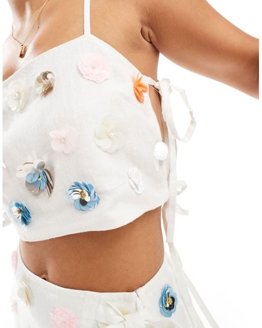 ASOS White Co-ord Linen Blend Floral Embellished Tie Side Top