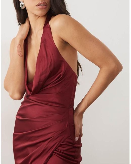 TFNC London Red Bridesmaid Satin Halter Neck Cowl Plunge Split Detail Maxi Dress