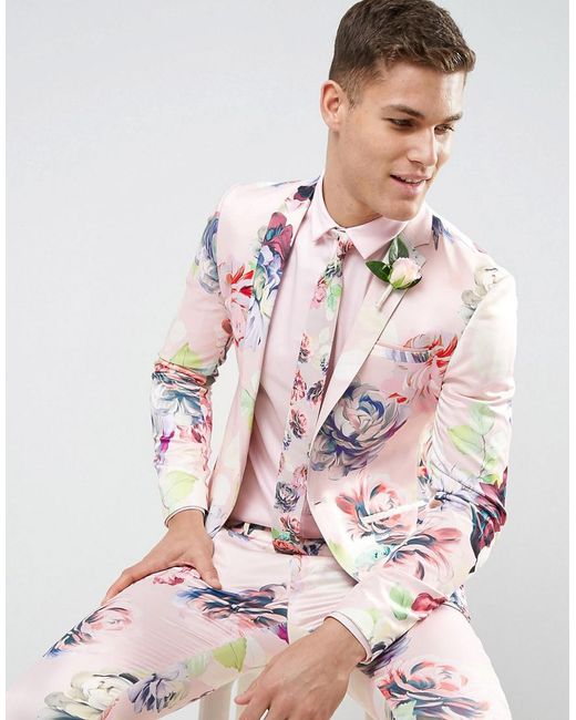 ASOS Pink Wedding Super Skinny Suit Jacket With Nude Floral Print for men