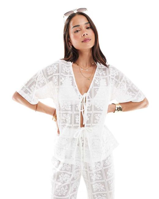 4th & Reckless White Beach Crochet Lace Tie Front Top Co-ord