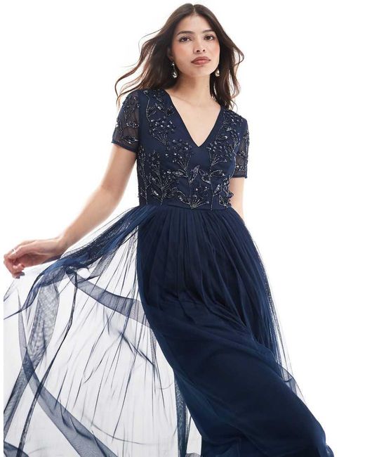 Maya Blue Floral Embellished Short Sleeve V Neck Bridesmaid Maxi Dress