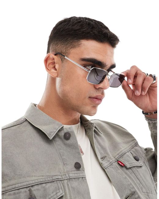 ASOS Gray Metal Rectangle Sunglasses With Black Lens for men