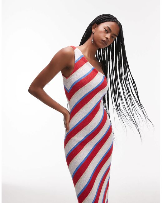 TOPSHOP White – gestreiftes maxi-strickkleid mit one-shoulder-träger