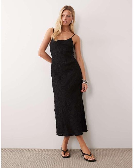 Mango Black Strappy Scoop Neck Textured Midi Dress