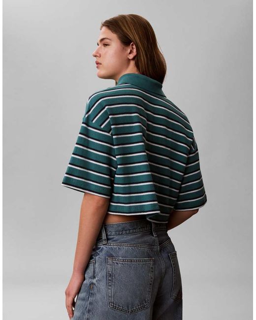 Calvin Klein Blue Cropped Pique Striped Polo Top