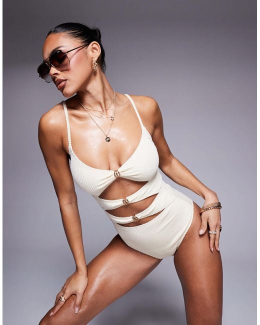 South Beach Gray Crinkle Stripe Cut Out Swimsuit