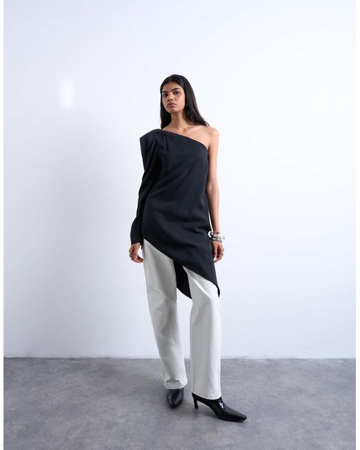 TOPSHOP Gray Cupro Asymmetric Top With Shoulder Pads