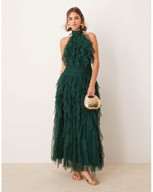 LACE & BEADS Green Ruffle Tulle Maxi Dress