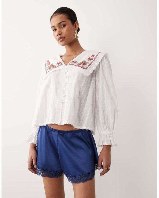 Nobody's Child White Eloise Cotton Rich Oversized Embroidered Collar Blouse