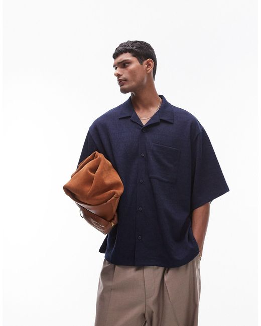 Topman Blue Boxy Fit Button Through Texture Jersey Polo for men