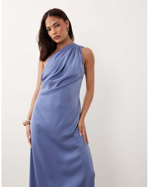 ASOS Blue Asos Design Petite One Shoulder Satin Maxi Dress With Pleat Detail