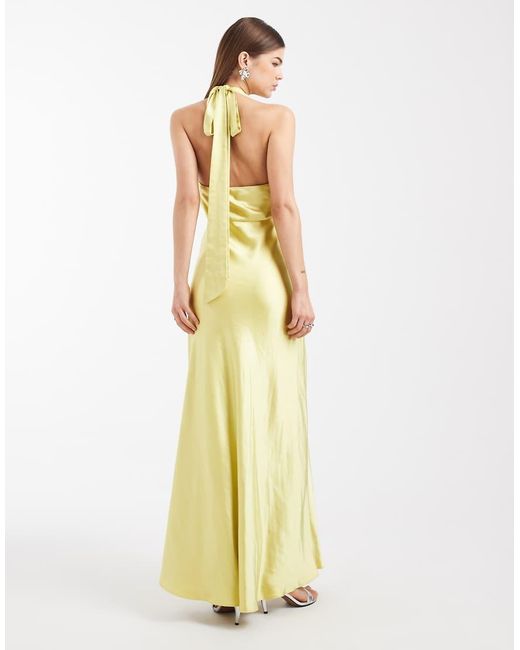 Six Stories Yellow Bridesmaid Satin Halter Neck Plunge Twist Detail Maxi Dress