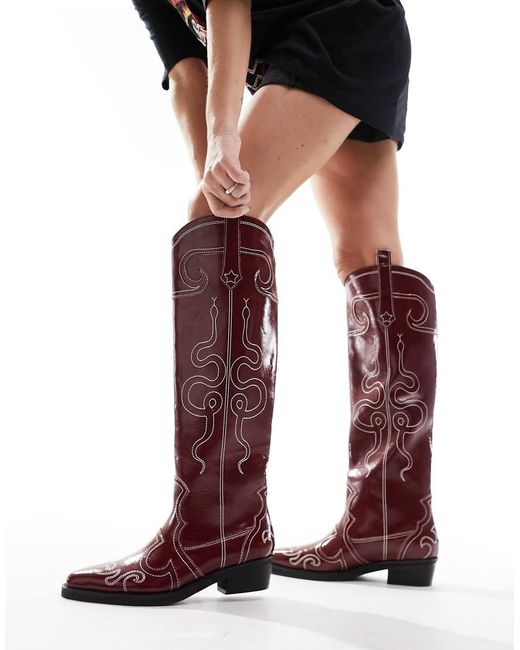 Public Desire Red Serpentine Western Boot With Embroidery