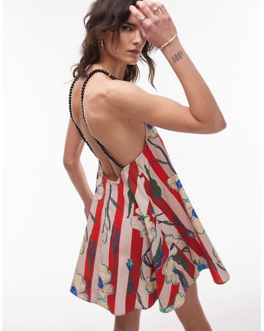 TOPSHOP White Beaded Strap Printed Flippy Mini Dress