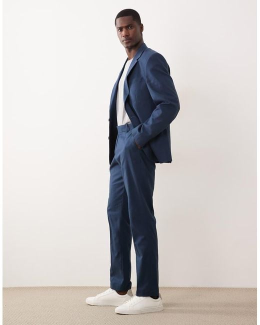 ASOS Blue 100% Cotton Linen Look Slim Suit Pants for men