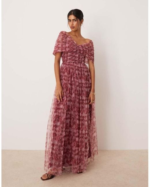 LACE & BEADS Red Bow Off Shoulder Tulle Maxi Dress
