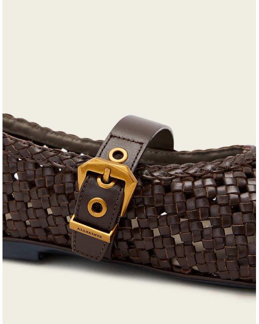 AllSaints Natural Sabine Leather Woven Ballet Flats With Gold Buckle Strap