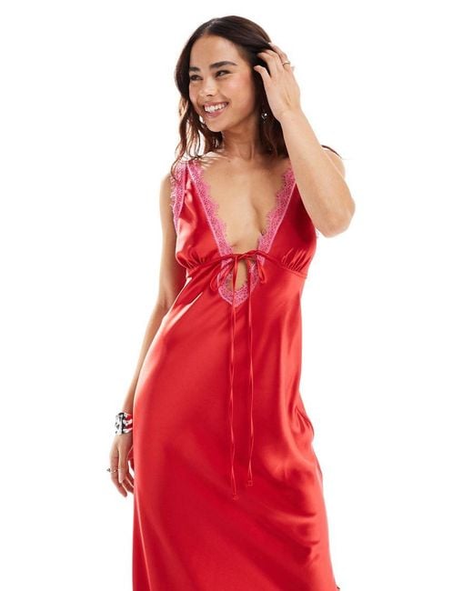 Miss Selfridge Red Satin Lace Trim Maxi Dress