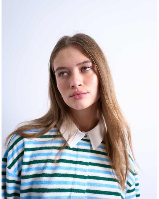 TOPSHOP Blue Towelling Stripe Polo Shirt