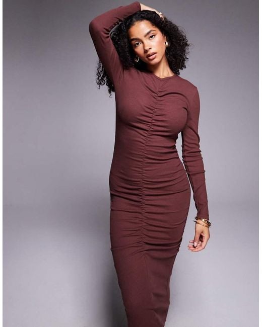Vestido Midi Marrón Fruncido De Canalé De ASOS de color Purple