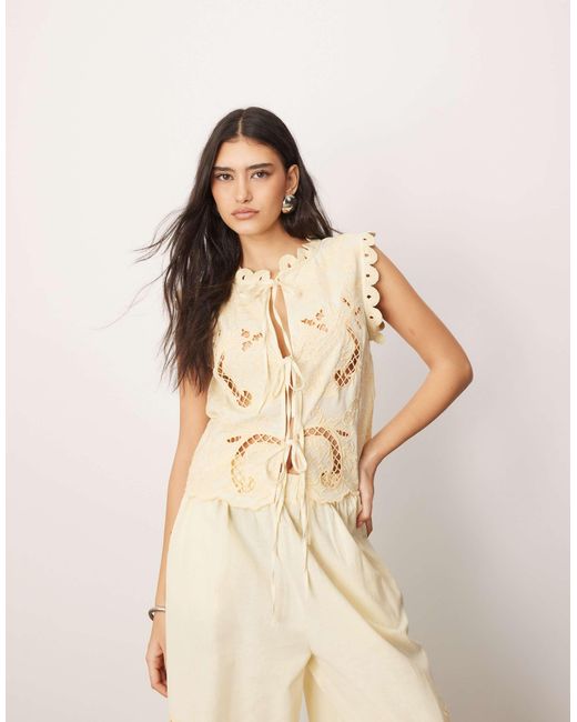 ARRANGE Natural Cotton Embroidered Cutwork Tie Front Top Co-ord