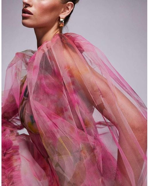 LACE & BEADS Pink Balloon Sleeve Organza Mini Dress