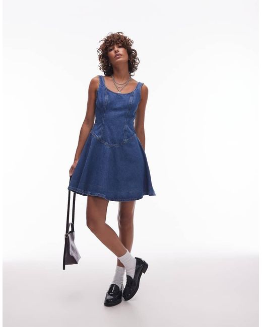TOPSHOP Blue Denim Circle Dropwaist Strappy Mini Dress