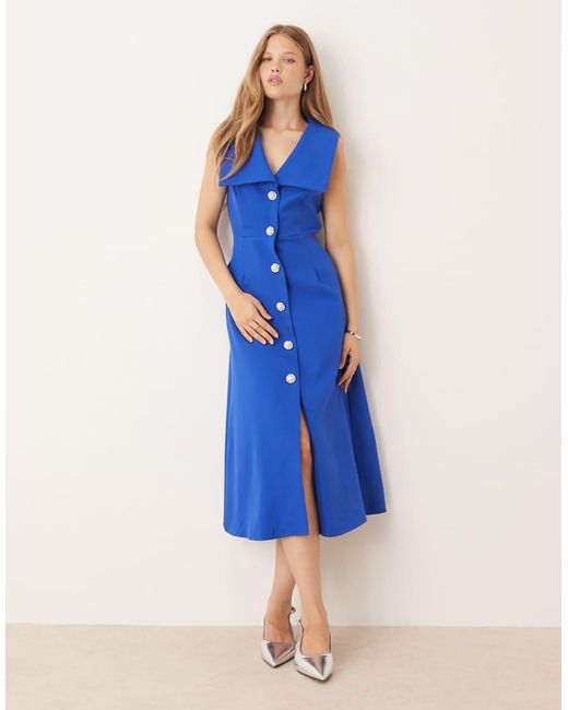 Sister Jane Blue Open Collar Diamonte Button Midi Dress