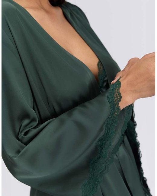 Boux Avenue Green Kaya Satin Short Robe Wide Sleeve Self Tie Belted Nightwear