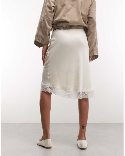 Reclaimed Vintage Natural Satin Awkward Length Skirt With Lace Trim