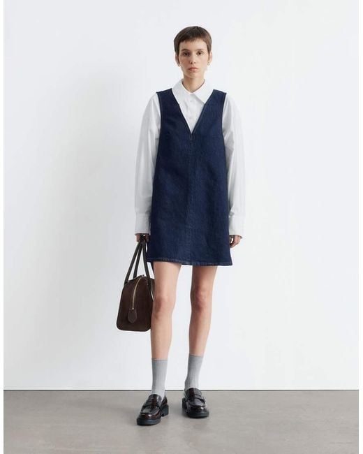 & Other Stories Blue Stretch Denim V-neck Mini Dress With Front Seam