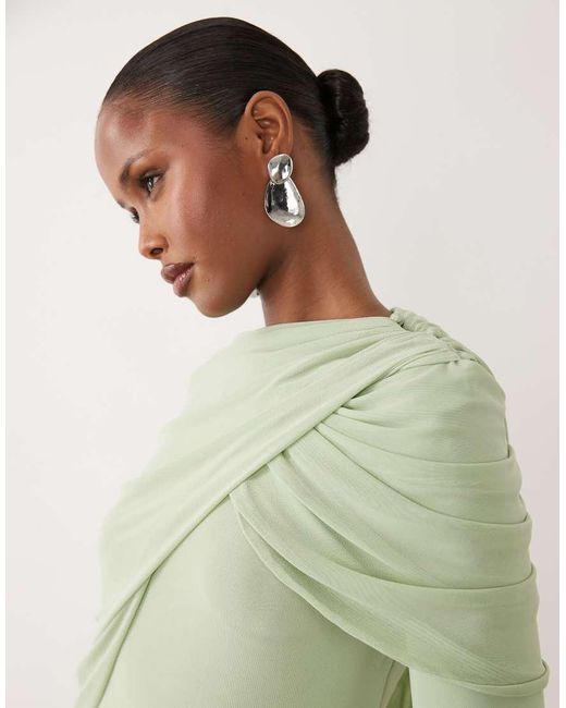 ASOS Green Modesty Mesh Maxi Dress With Overlay Draped Neckline Detail
