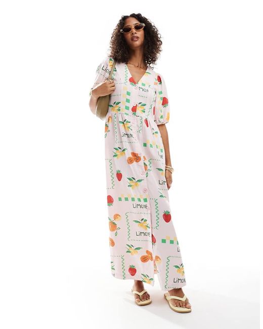 Pieces White Puff Sleeve Button Frontmaxi Dress