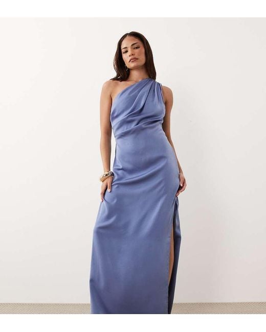 ASOS Blue Asos Design Petite One Shoulder Satin Maxi Dress With Pleat Detail