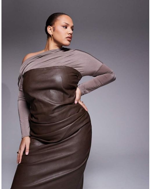 ASOS Brown Asos Design Curve Fallen Shoulder Pu Bandeau Midi Dress