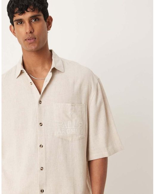 ASOS Natural Premium Linen Blend Boxy Oversized Shirt With Chest Embroidery for men