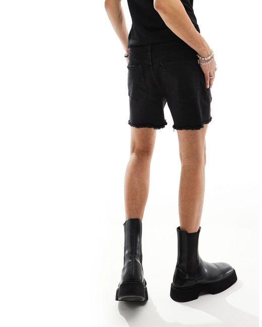 ASOS Black Short Length Denim Shorts With Abrasions for men