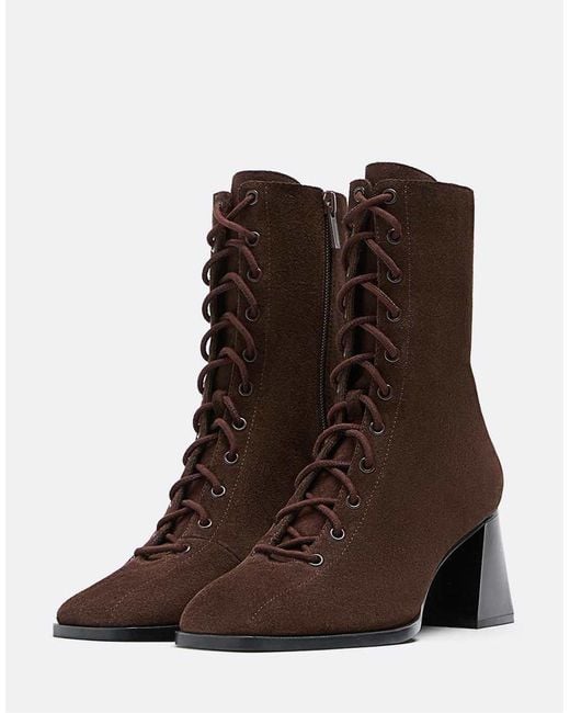 Stradivarius Brown Lace-Up Leather High-Heel Ankle Boots