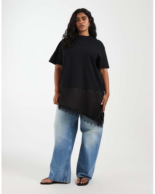 Noisy May Black Oversized Satin T-shirt With Asymm Lace Hem