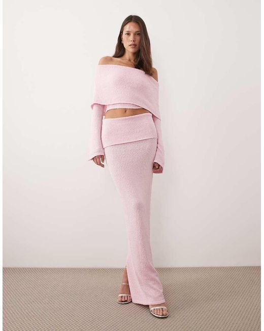Wanderdoll Pink Yasmin Off The Shoulder Bouclé Knit Dramatic Foldover Flared Sleeves Top