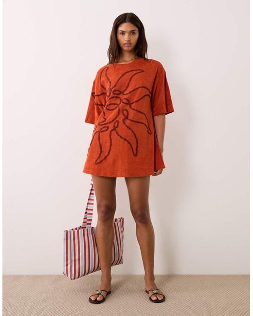 ASOS Red Sonny Towelling Beach Mini Sundress With Sun Embroidery