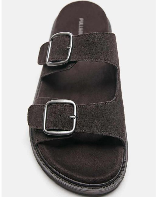 Pull&Bear Black Leather Buckle Sandals for men
