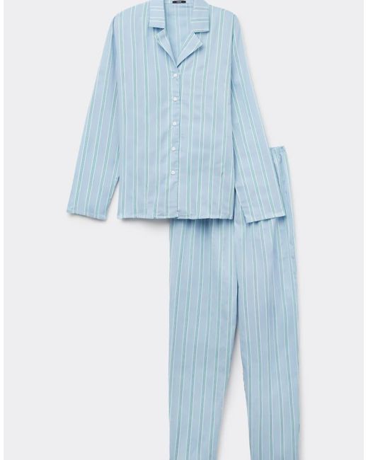 Tezenis Blue Long Button-Front Cotton Canvas Pyjamas