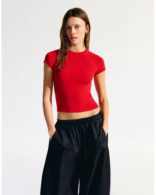 Bershka Red Short Sleeve Crew Neck T-Shirt