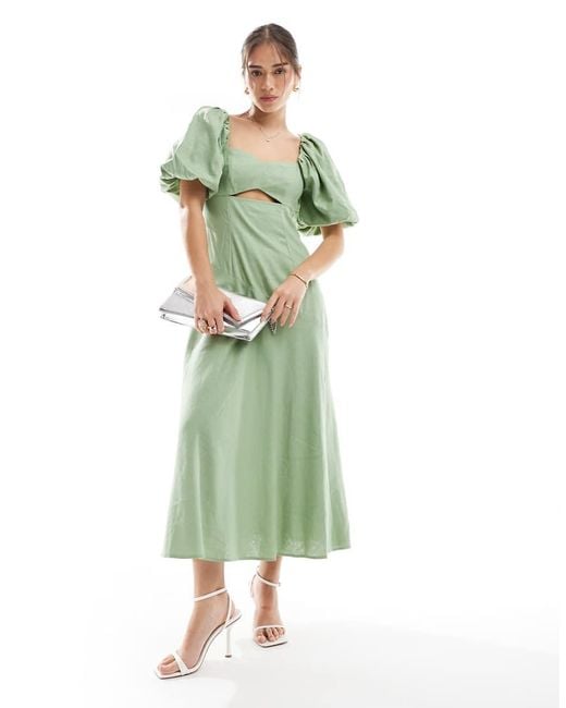 New Look Green Puff Sleeve Linen Cut Out Midi Dress