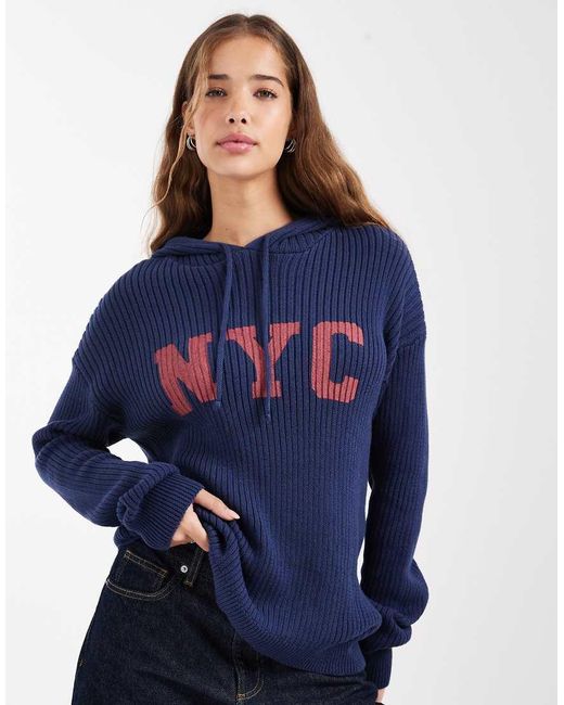 Daisy Street Blue Loose Knitted Hoodie With Graphic