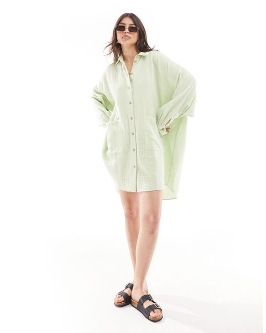 ASOS Green Double Cloth Oversized Shirt Dress With Dropped Pockets