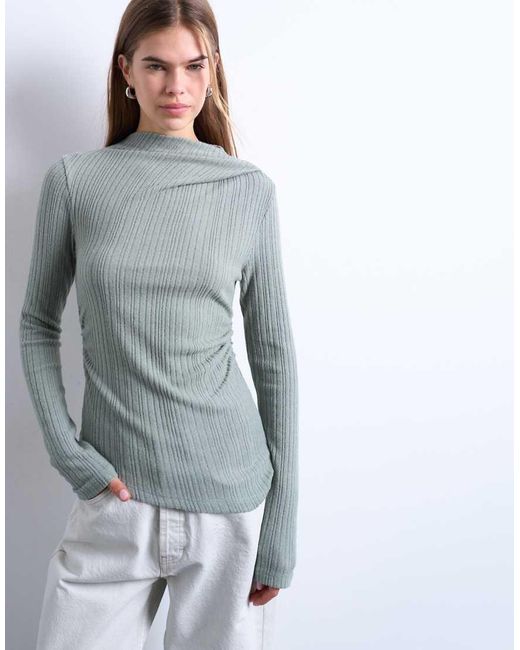 TOPSHOP Hoogsluitende Geribbelde Top Met Lange Mouwen in het Gray