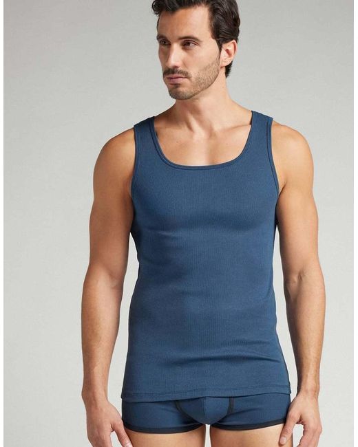 Intimissimi Blue Ribbed Cotton Vest Top for men