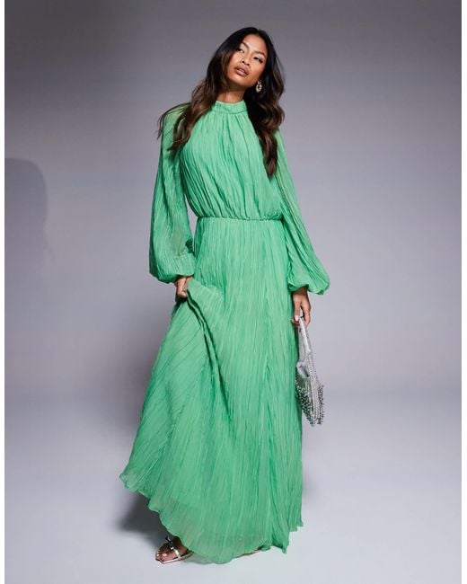 ASOS Women's Green Crinkle Pleat Blouson Sleeve High Neck Maxi Dress